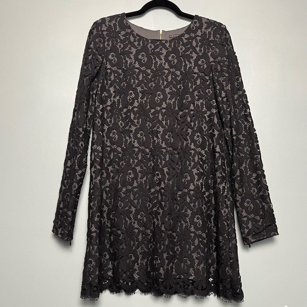 Theory Marique Black Lace Long Sleeve Mini Dress Womens Size 10 Sheath High Neck